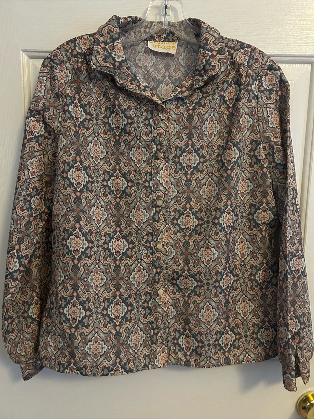 Vintage Printed Button-Front Ruffle Collar Blouse in Multicolor Paisley